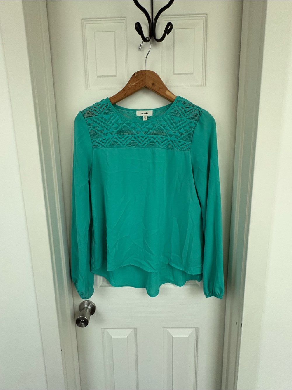 meraki Teal Lace-Yoke Long Sleeve Top